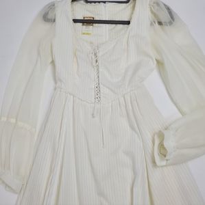 Gunne Sax Cream Maxi Dress with Sheer Long Sleeves and Lace-Up Bodice